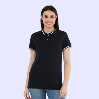 Rare Rabbit Polo Tee with Tipping - Women T-shirt-Black with White