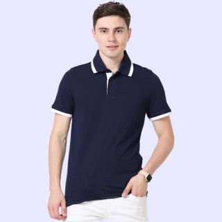 Puma Polo Neck -Tipping Poly Cotton 220 GSM T-Shirt- Navy Blue with White