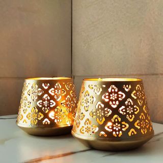 Blissful Set of 2 Exclusive Flower Cutwork Metallic Tealight Holder Set