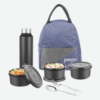Pexpo Urban Stainless Steel Lunch Box & Bag- 1050ml- Blue with Grey