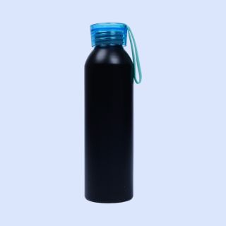 Metal Water Bottle With Silicon Carry Strap-Black with Blue-600ml