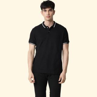 Rare Rabbit Polo Tee with Tipping - Men T-shirt-Black with White